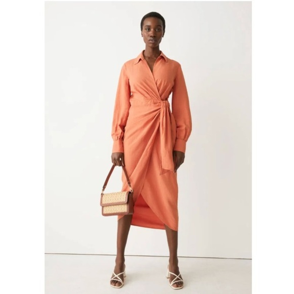 & Other‎ Stories Los Angeles Atelier Orange Linen Wrap Midi Dress US 2 NEW